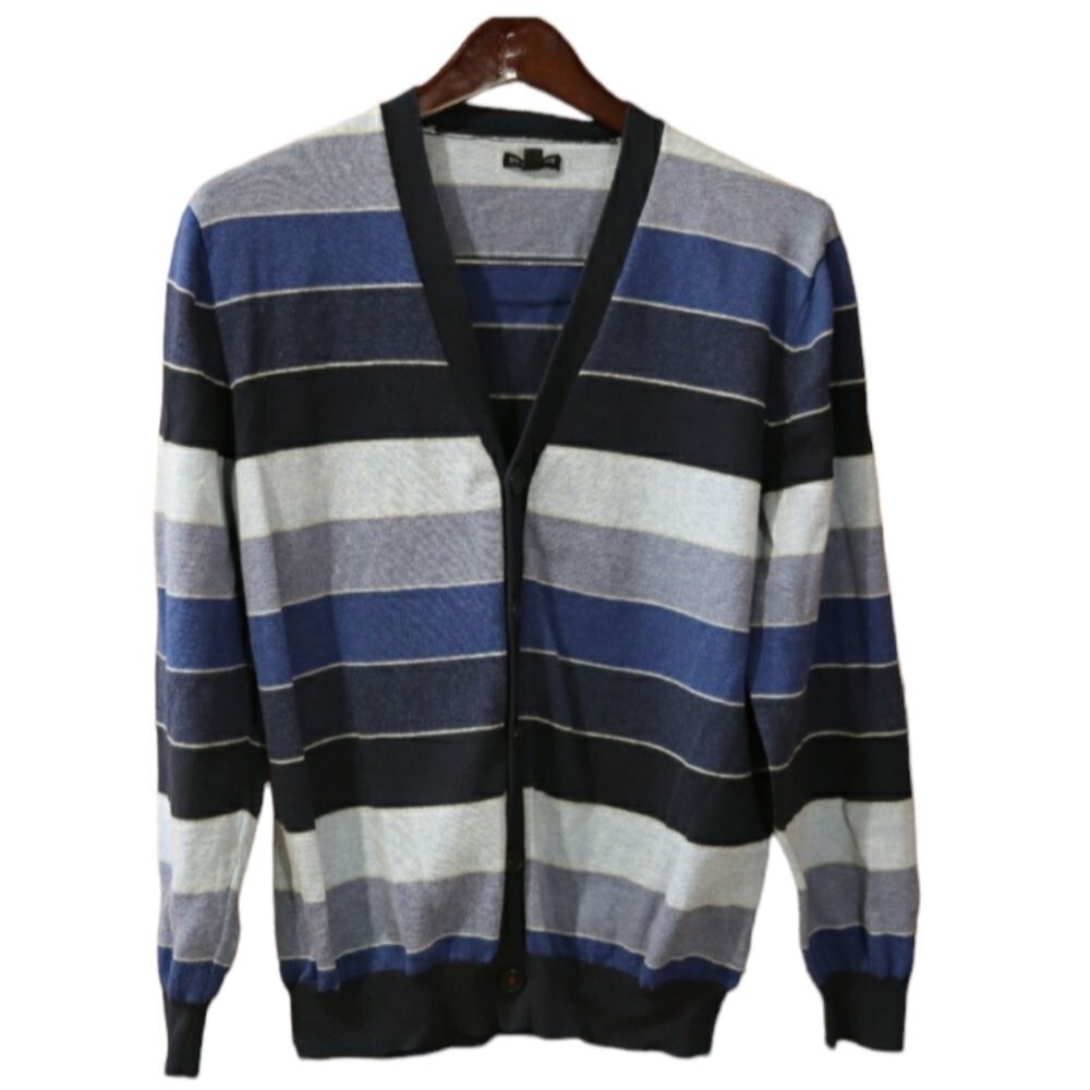 Sons of Intrigue Classic Blue Striped Preppy Cardigan Sweater Mens LG